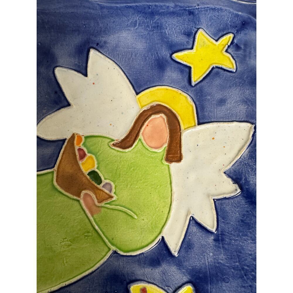 Angel Hand Painted Pottery Platter Wall Hanger 13” Harvest Angel Star Moon Birds - Picture 2 of 9